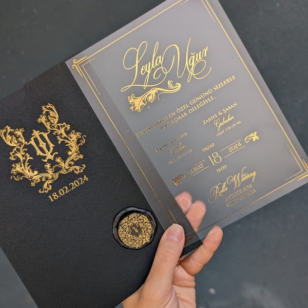 Luxury Invitation Card, Gold Detailed with Black Envelope, Gold Gilding, Acrylic Invitation Card, Gold Detailed Seal, Monogram Design