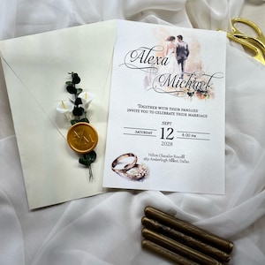 Invitación de boda con diseño de acuarela simple y elegante, sobre color crema, invitación de boda personalizable, sello de cera floral