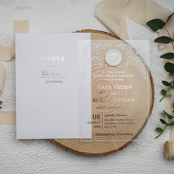 Silver Gilding and White Invitation Card, White Envelope, Personalized Seal, Flower Framed Design, Silver Gilding Frame, Stylish Design