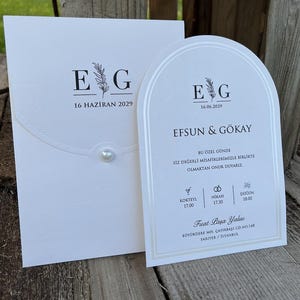 Elfenbeinfarbene Hochzeitseinladung, einzigartige Elfenbein-Einladung, elegante Einladung, stilvolles Design, Perleneinladung, Perlenweißrand-Einladung
