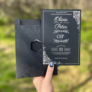 Enveloppe noire complète, design haut de gamme, carte d'invitation dorée noire avec fenêtre, carte d'invitation motif feuille, dorure argentée