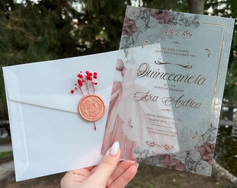 3D Quinceañera Invitation: Frosted Acrylic, Rose Gold Dress
