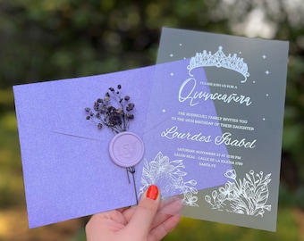 Acrylic Quinceañera Invitation: Silver Gilding, Lilac Envelope