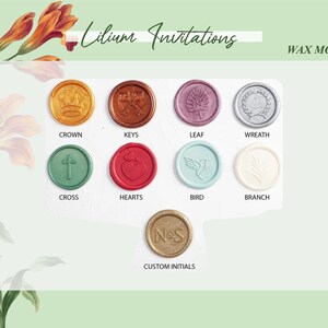 May include: A selection of wax seal designs for invitations, including a crown, keys, leaf, wreath, cross, hearts, bird, branch, and custom initials. The wax seals are displayed on a white background with the names of each design printed below.