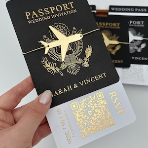 Faire-part de mariage passeport, faire-part de mariage à destination, feuille d'or, faire-part carte d'embarquement noir, réservez vos dates,