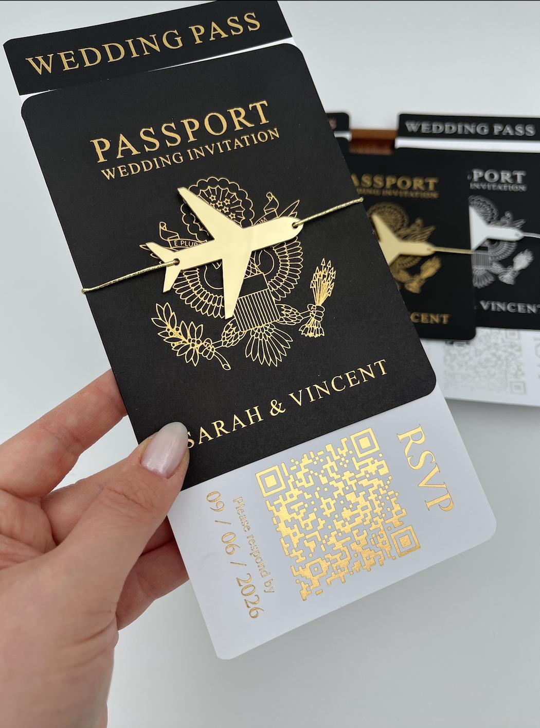 Passport Wedding Invitation, Destination Wedding Invitation, Gold Foil, Black Boarding Pass Invitation, Save the Date,