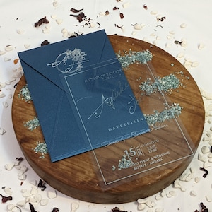 Invitación de acrílico azul, lámina de oro impresa, lámina de plata impresa, sobre azul, transparente, invitación de boda de acrílico de lujo