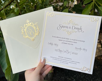 Gold Monogram Wedding Invitation: Ivory Cream Envelope, Textured Cardboard