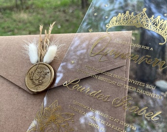 Acrylic Quinceanera Invitation, Paper Invitation, Crowned Quinceañera Invite, Modern Sweet 16 Invitation, Kraft Envelope, Gold Gilded
