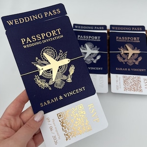 Faire-part de mariage passeport, faire-part de mariage à destination, feuille d'or, faire-part carte d'embarquement bleu marine, réservez vos dates,