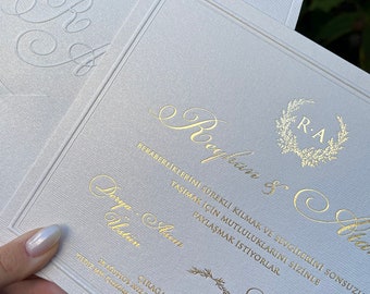 Embossed Pearl White Wedding Invitation with Gold Gilding