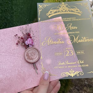 Invito per Quinceañera in acrilico, busta rosa, dorato, corona da principessa, invito per Quinceañera con corona, invito moderno per i 16 anni