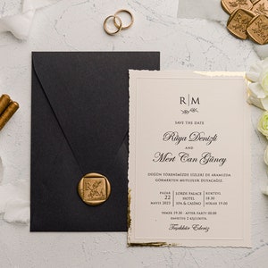 Gold Foil Framed Ivory Invitation, Elegant Black Wedding Card,Black & Ivory Elegant Wedding Invitation Set,Minimalist Black Envelope