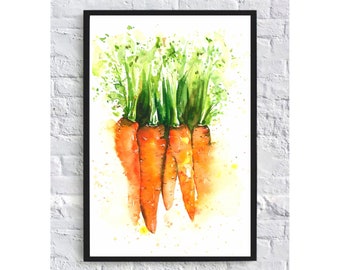 May include: Watercolor painting of four orange carrots with green tops on a white background with yellow watercolor splatters.