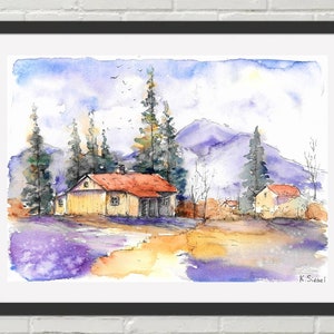 Mountains Landscape Print Nature Sketch Art Pine-Trees Print House Painting Nature Wall Art Watercolor Landscape Trees Art
