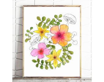 Floral Wreath Print Flowers Print Watercolor Print Mushrooms Print Berries Print Flowers Wreath Poster Floral Wall Art Flowers Wreath Art