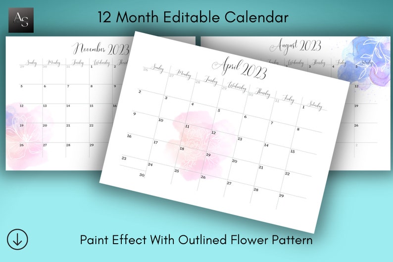 Paint Drop Effect With Outlined Flower and Leaf Design 2023 Calendar
