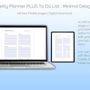 May include: A digital download of a weekly planner with a minimalist design. The planner is shown on a laptop and tablet screen. The planner includes a section for each day of the week, with space for notes and tasks. The planner is available in four sizes.