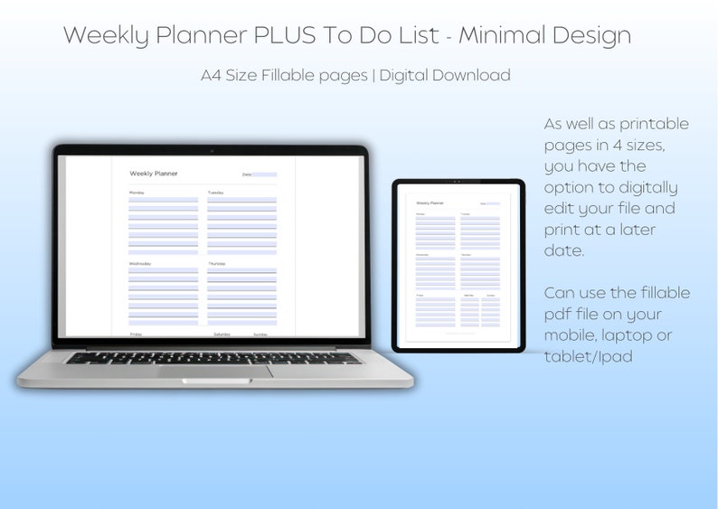 May include: A digital download of a weekly planner with a minimalist design. The planner is shown on a laptop and tablet screen. The planner includes a section for each day of the week, with space for notes and tasks. The planner is available in four sizes.