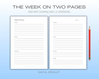 The Week On Two Pages 2 Versions In A4, A5 US Letter and US Half Letter Sizes & Fillable A4 pdf Version