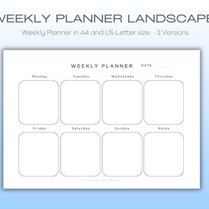 May include: A black and white weekly planner template with rounded boxes for each day of the week. The days of the week are labeled Monday through Sunday. There is a space for notes and a line for the date.