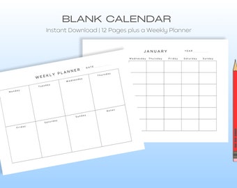 Tom, odaterad kalender och veckoplanerare i liggande format - A4- och US Letter-format PLUS en ifyllbar A4-pdf-version - Årets utskrivbara månader