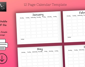 Enkel minimalistisk tom årsplanerare - Schemakalender - Utskrivbar och redigerbar pdf-fil - Liggande med söndagsstart