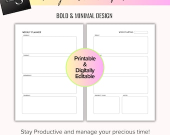 Tvåsidig veckoplanerare - Djärv och minimalistisk design - Enkelt sätt att hålla sig produktiv och hantera din tid - DIREKT NEDLADDNING