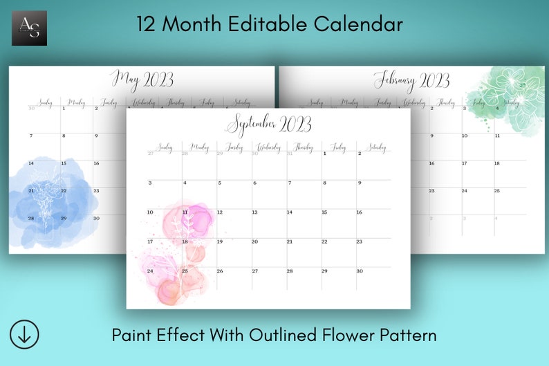 Paint Drop Effect With Outlined Flower and Leaf Design 2023 Calendar