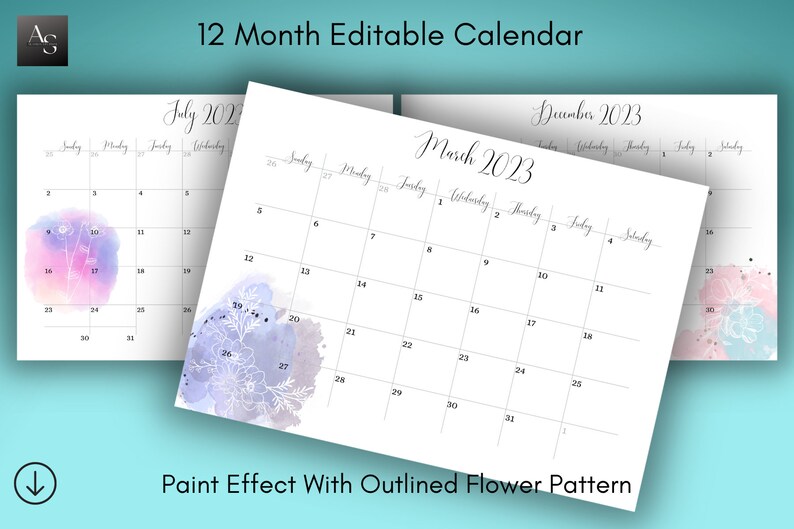 Paint Drop Effect With Outlined Flower and Leaf Design 2023 Calendar