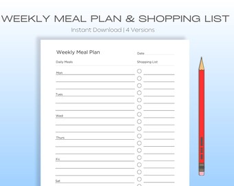 Weekly Meal Planner/Schedule and Shopping List/Grocery List - A4, A5, Half US Letter & US Letter sizes - Comes with a Fillable A4 pdf
