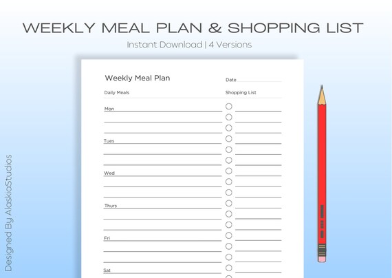 Weekly Meal Planner/Schedule and Shopping List/Grocery List - A4, A5, Half US Letter & US Letter sizes - Comes with a Fillable A4 pdf