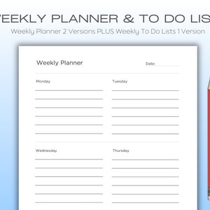 May include: A printable weekly planner with space to write in the days of the week, Monday through Thursday. The planner has a simple design with black lines on a white background. The text "Weekly Planner" is at the top of the page.