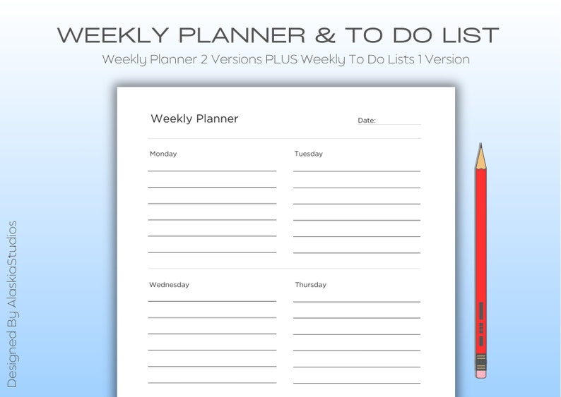 May include: A printable weekly planner with space to write in the days of the week, Monday through Thursday. The planner has a simple design with black lines on a white background. The text "Weekly Planner" is at the top of the page.