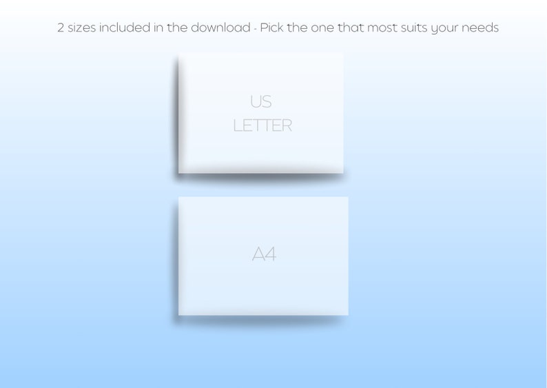 May include: Two white paper sheets with text on them. The top sheet says "US LETTER" and the bottom sheet says "A4".