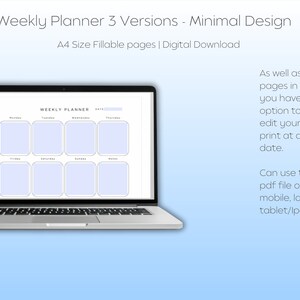 May include: A laptop screen displaying a weekly planner template with a light blue background and white text. The planner is divided into seven days of the week, with space for notes. The text "WEEKLY PLANNER" is at the top of the page.