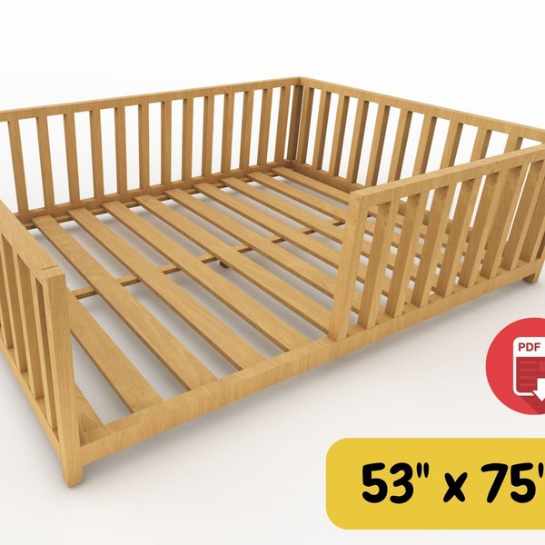 Montessori Full Bed Plans (53" x 75"), Montessori Floor Bed Plan,  DIY Twin Size Wooden Bed Frame Plan