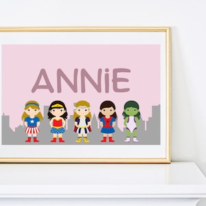 Girls Personalised Avengers Superhero Wall Art, Kids Bedroom Print