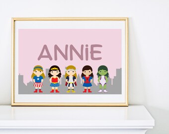 Spersonalizowana grafika ścienna dla dziewcząt z superbohaterami Avengers, wydruk do pokoju dziecięcego