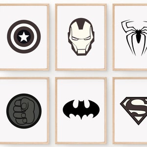 DIGITAL DOWNLOAD Avengers Superhero Prints , Set of 6, Black and White Kids Bedroom Wall Art