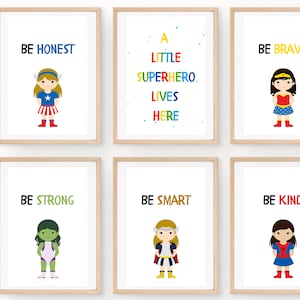 Girls Avengers Superhero Prints , Set of 6, Kids Bedroom Wall Art