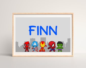 Spersonalizowana grafika ścienna z superbohaterami Avengers, wydruk do pokoju dziecięcego