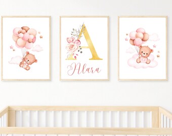 Ensemble de 3, impression initiale personnalisée d'ours en peluche, art mural de lettre, décor de pépinière et de salle de jeux, art mural minimaliste