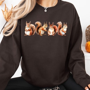 May include: A brown sweatshirt with a graphic of five squirrels in a row. The squirrels are brown and have bushy tails.