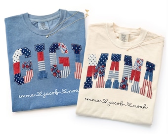 Camiseta patriótica Gigi Comfort Color Regalo personalizado para abuela Camiseta con bandera de EE. UU. para mamá Camiseta para revelación de género 4 de julio Nana Día de la Independencia Gigi Mimi Regalo