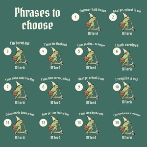 May include: A green background features a grid of illustrations of a frog riding a scooter, each with a different phrase. The phrases include "Summer hath begun" and "I'm burnt out". The frog wears a wizard hat and carries a satchel.