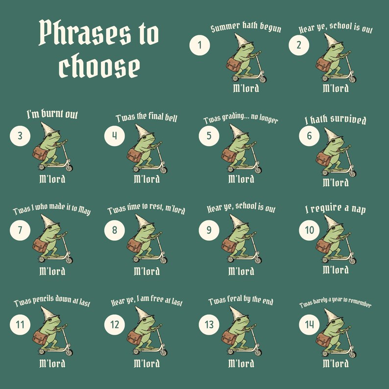 May include: A green background features a grid of illustrations of a frog riding a scooter, each with a different phrase. The phrases include "Summer hath begun" and "I'm burnt out". The frog wears a wizard hat and carries a satchel.