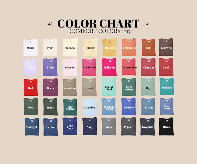 May include: A color chart displays a variety of Comfort Colors 1717 t-shirts in various shades. The chart includes colors like white, ivory, banana, butter, mustard, terracotta, yam, and espresso, among others. The text "COLOR CHART" is at the top.