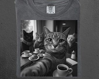 Funny Cat Gang In Cafe Comfort Color Shirt Sarcastic Cat Meme Tshirt Retro Cats Y2K Tee Cat Lover Gift For Cat Mom Dad Silly Shirts Vet Gift