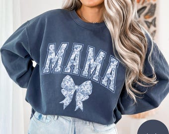 Blue Toile Mama Sweatshirt Comfort Colors Floral Mom Sweater Coquette Gift for Mama Bow Shirt Mom Pregnancy Reveal New Mom Gift Chinoiserie